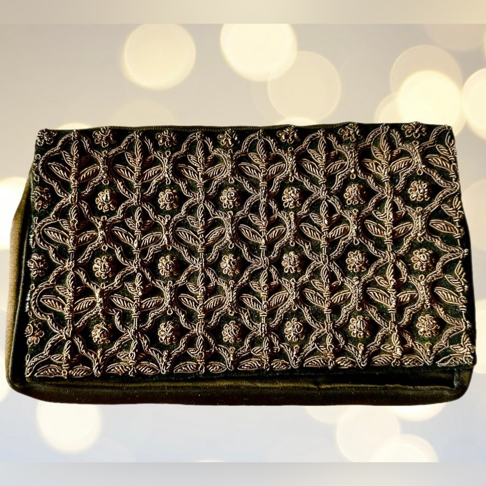 Lujean Vintage Metallic Bronze Embroidered on Black Satin Clutch